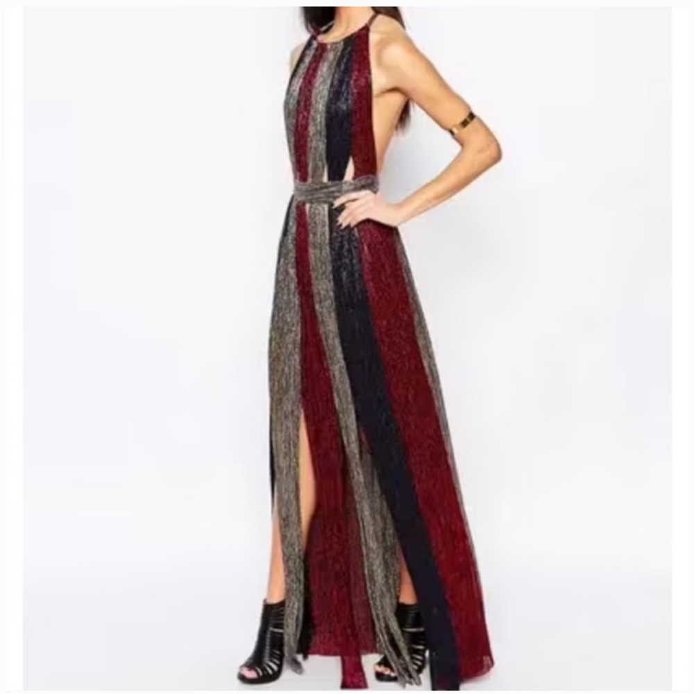 Bec & Bridge Red, Blue, and Gold Midi Dress party size 4 lurex